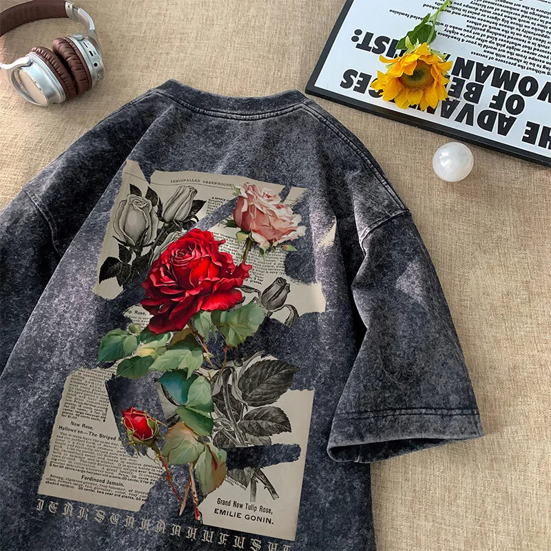 Vintage Rose Print Washed Tee