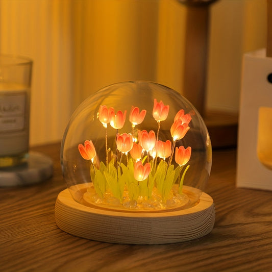 Luminous Tulips in Glass Dome