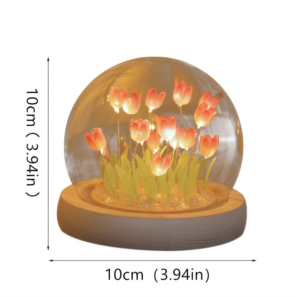 Luminous Tulips in Glass Dome