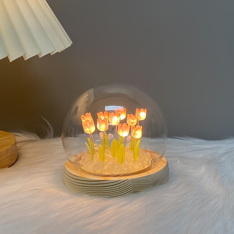 Luminous Tulips in Glass Dome